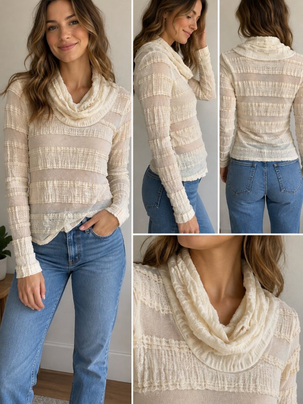 TINY by Anthropologie Pieced Lace Cowlneck Top Ivory Size Medium